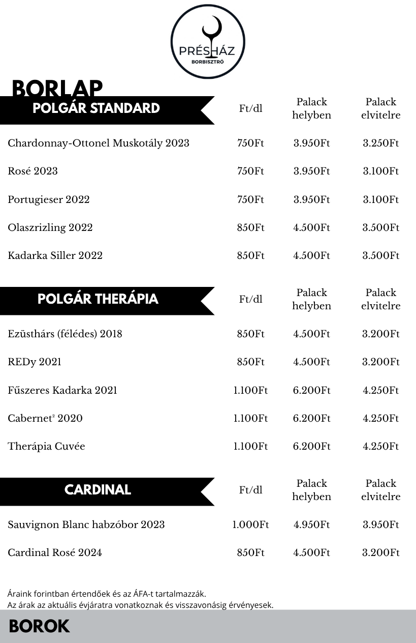 Présház Borbisztró borlap 2