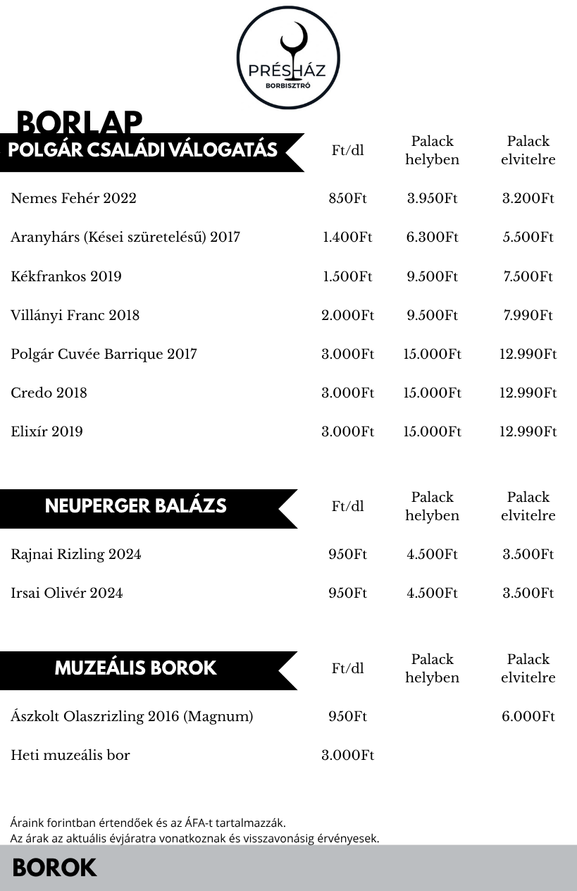 Présház Borbisztró borlap